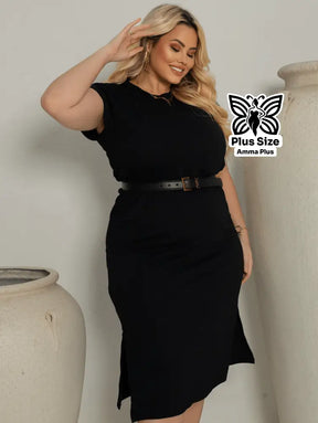 Vestido Curto Com Cinto E Manga Curta Plus Size - Amma Plus