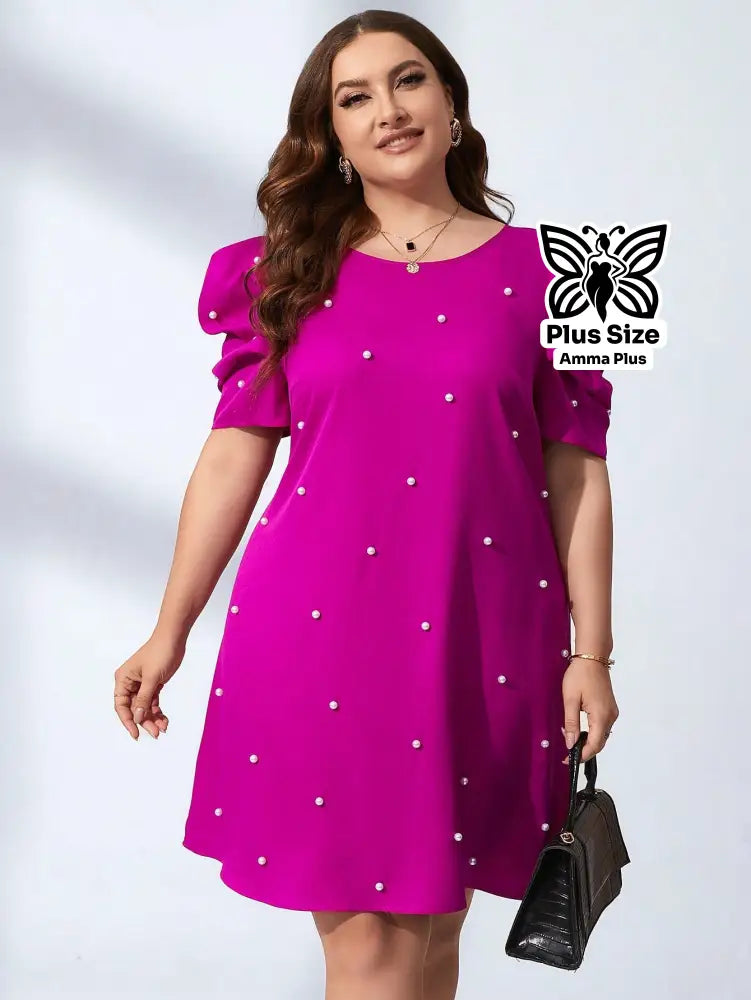 Vestido Curto Com Pérolas E Manga Bufante Plus Size - Amma Plus