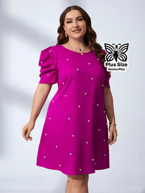 Vestido Curto Com Pérolas E Manga Bufante Plus Size - Amma Plus