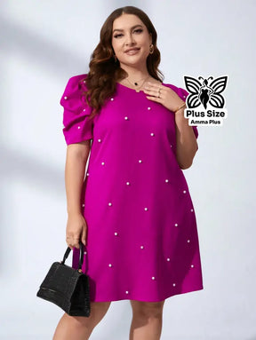 Vestido Curto Com Pérolas E Manga Bufante Plus Size - Amma Plus
