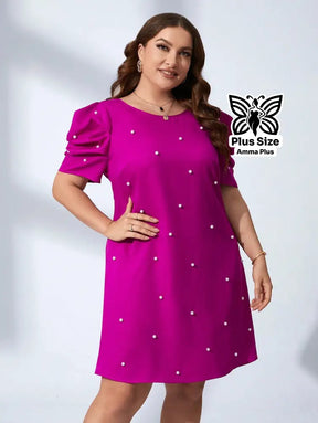 Vestido Curto Com Pérolas E Manga Bufante Plus Size - Amma Plus