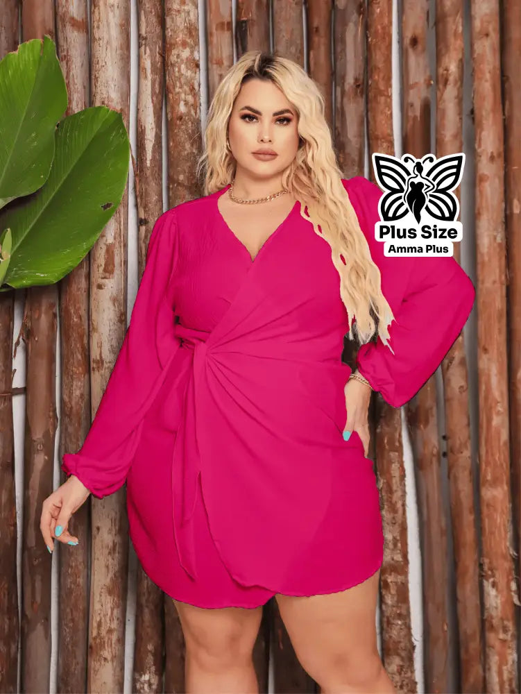 Vestido Curto Envelope Decote V Com Amarração Plus Size - Amma Plus