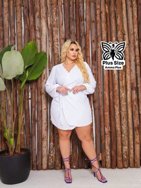 Vestido Curto Envelope Decote V Com Amarração Plus Size - Amma Plus