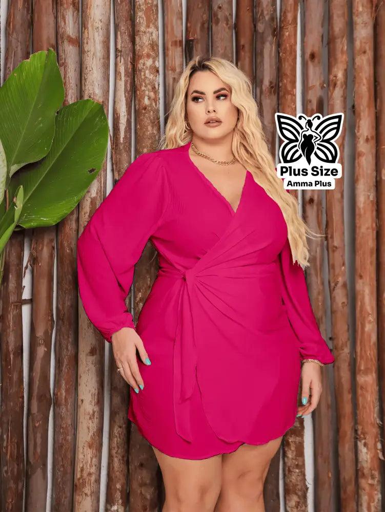Vestido Curto Envelope Decote V Com Amarração Plus Size - Amma Plus
