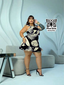 Vestido Curto Estampado Com Babado Na Barra E Alças Plus Size