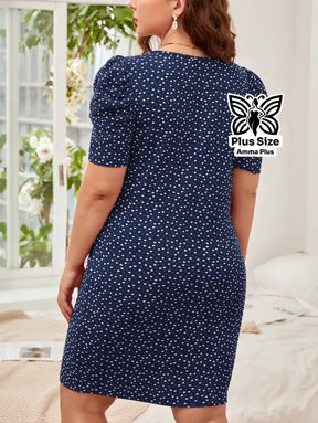 Vestido Curto Estampado Decote Quadrado Manga Bufante Plus Size - Amma Plus