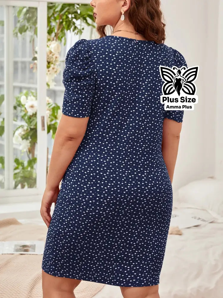 Vestido Curto Estampado Decote Quadrado Manga Bufante Plus Size - Amma Plus