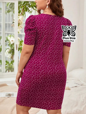 Vestido Curto Estampado Decote Quadrado Manga Bufante Plus Size - Amma Plus