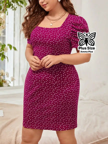 Vestido Curto Estampado Decote Quadrado Manga Bufante Plus Size - Amma Plus