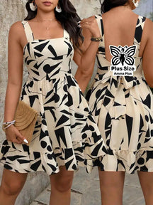 Vestido Curto Estampado Geométrico com Alças Largas Plus Size