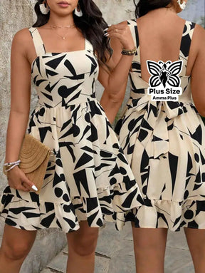 Vestido Curto Estampado Geométrico com Alças Largas Plus Size