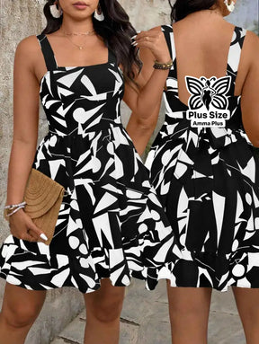 Vestido Curto Estampado Geométrico com Alças Largas Plus Size