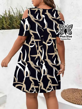Vestido Curto Estampado Ombro Vazado Plus Size