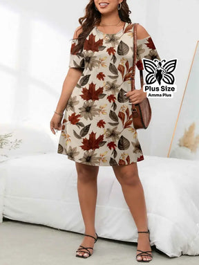 Vestido Curto Estampado Ombro Vazado Plus Size