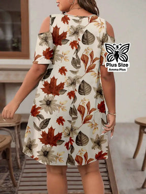 Vestido Curto Estampado Ombro Vazado Plus Size