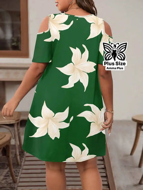 Vestido Curto Estampado Ombro Vazado Plus Size