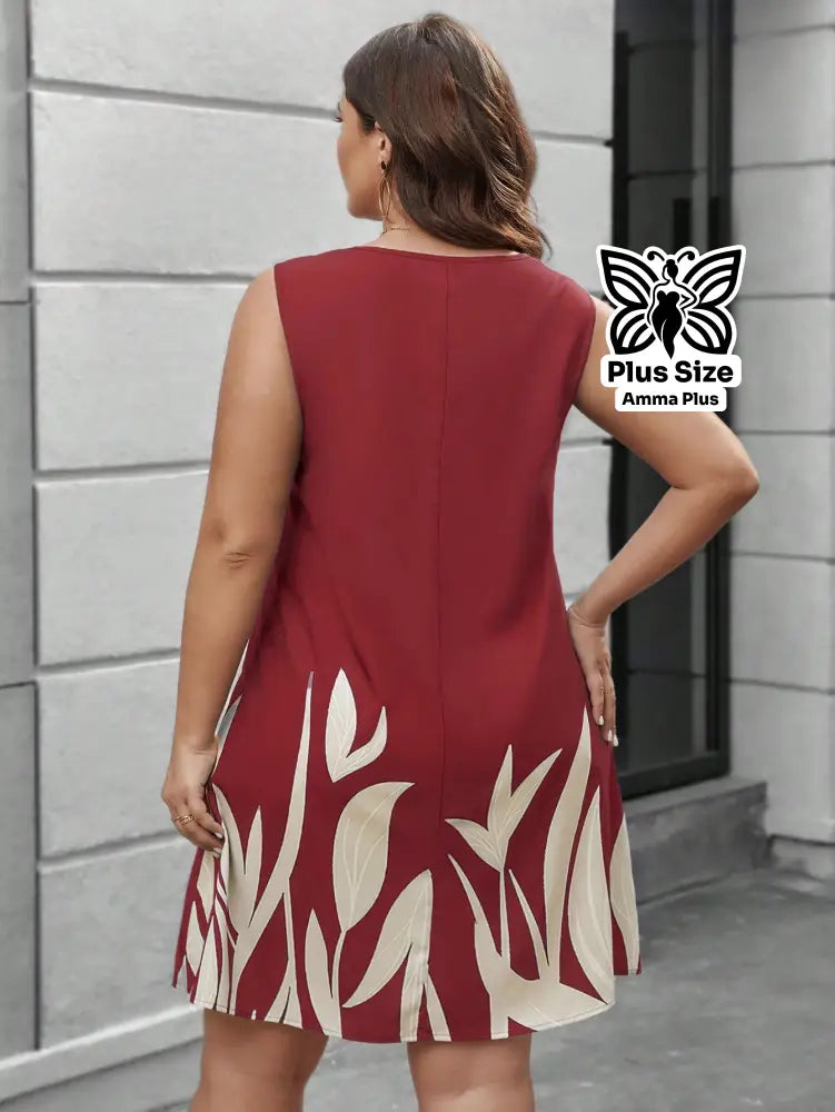 Vestido Curto Estampado Sem Mangas Decote V Plus Size - Amma Plus