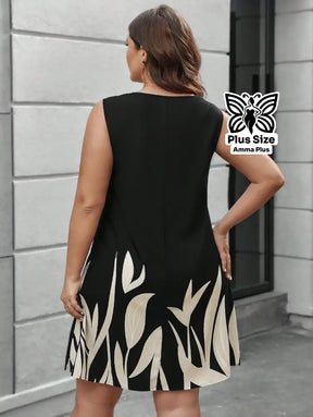 Vestido Curto Estampado Sem Mangas Decote V Plus Size - Amma Plus