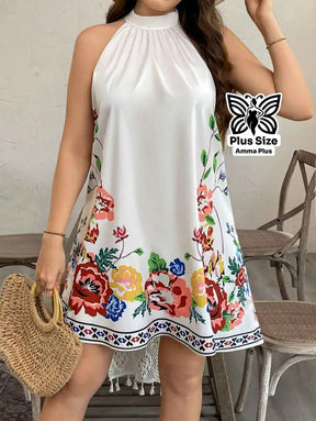 Vestido Curto Floral Decote Halter Plus Size