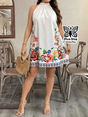 Vestido Curto Floral Decote Halter Plus Size