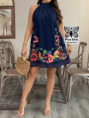 Vestido Curto Floral Decote Halter Plus Size