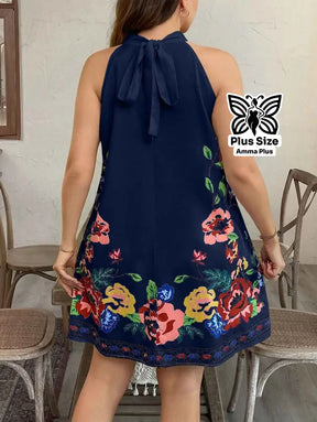 Vestido Curto Floral Decote Halter Plus Size