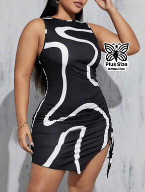 Vestido Curto Justo Estampa Abstrata Com Cordão Lateral Plus Size