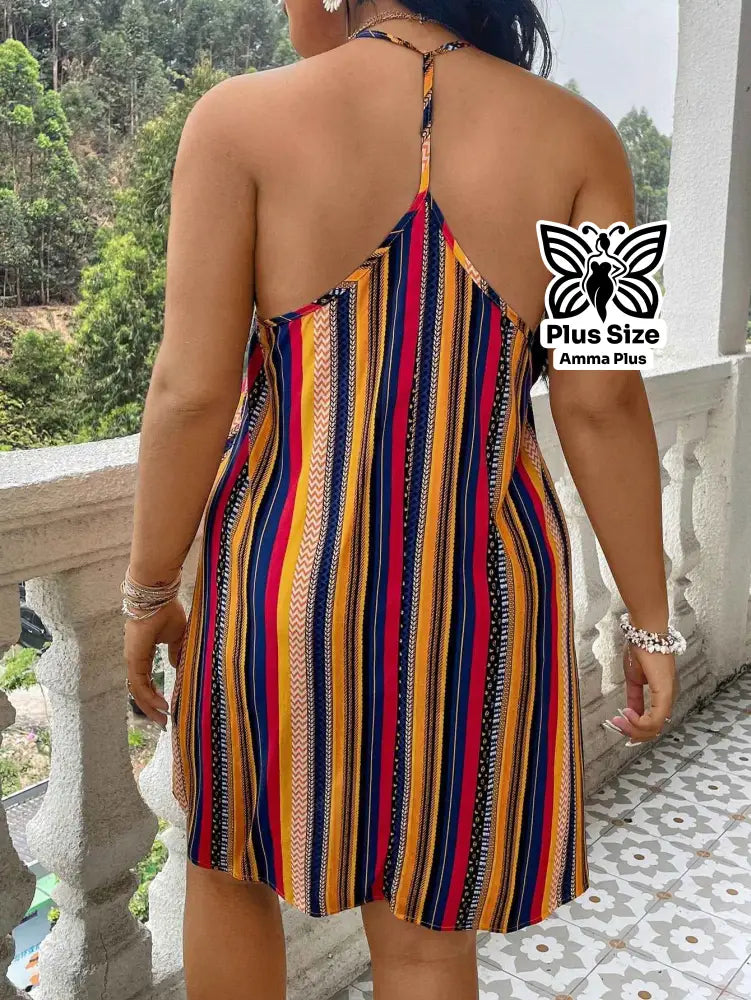 Vestido Curto Listrado Decote V Halter Estilo Praia Plus Size