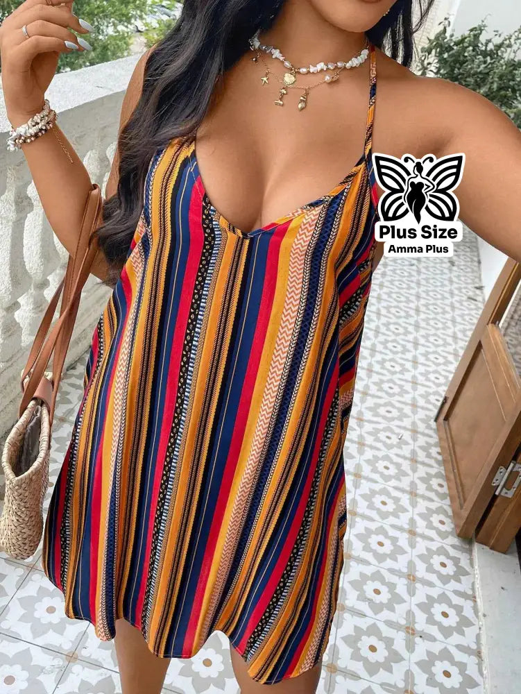 Vestido Curto Listrado Decote V Halter Estilo Praia Plus Size