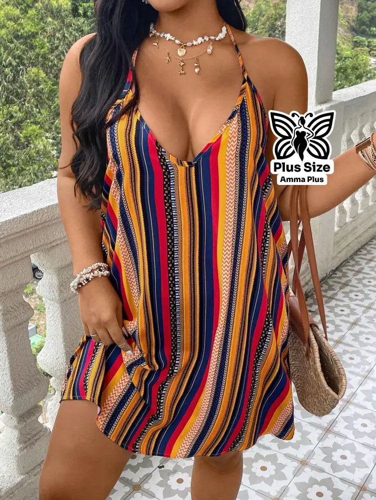 Vestido Curto Listrado Decote V Halter Estilo Praia Plus Size
