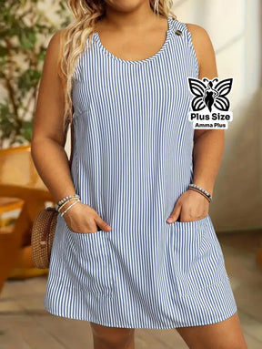 Vestido Curto Listrado Sem Mangas Com Bolsos Plus Size - Amma Plus