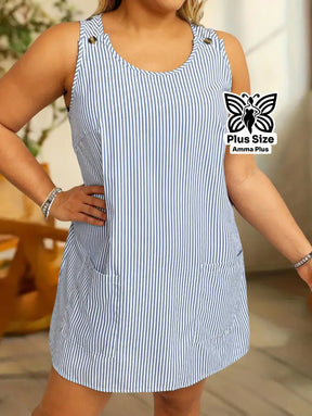 Vestido Curto Listrado Sem Mangas Com Bolsos Plus Size - Amma Plus