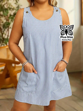 Vestido Curto Listrado Sem Mangas Com Bolsos Plus Size - Amma Plus
