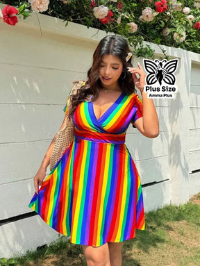Vestido Curto Transpassado Arco-íris Plus Size