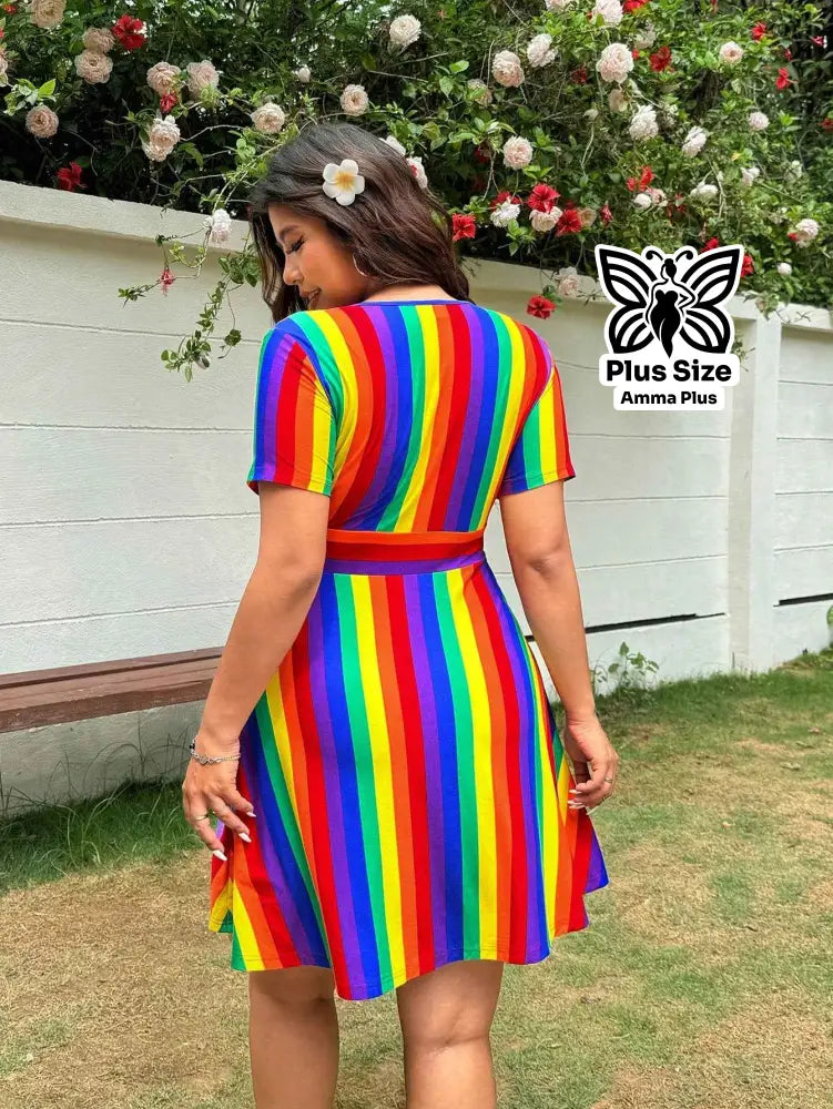 Vestido Curto Transpassado Arco-íris Plus Size