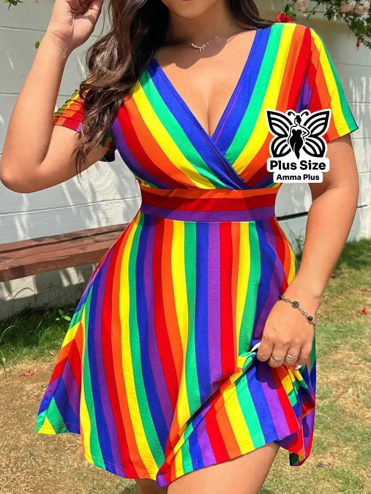 Vestido Curto Transpassado Arco-íris Plus Size