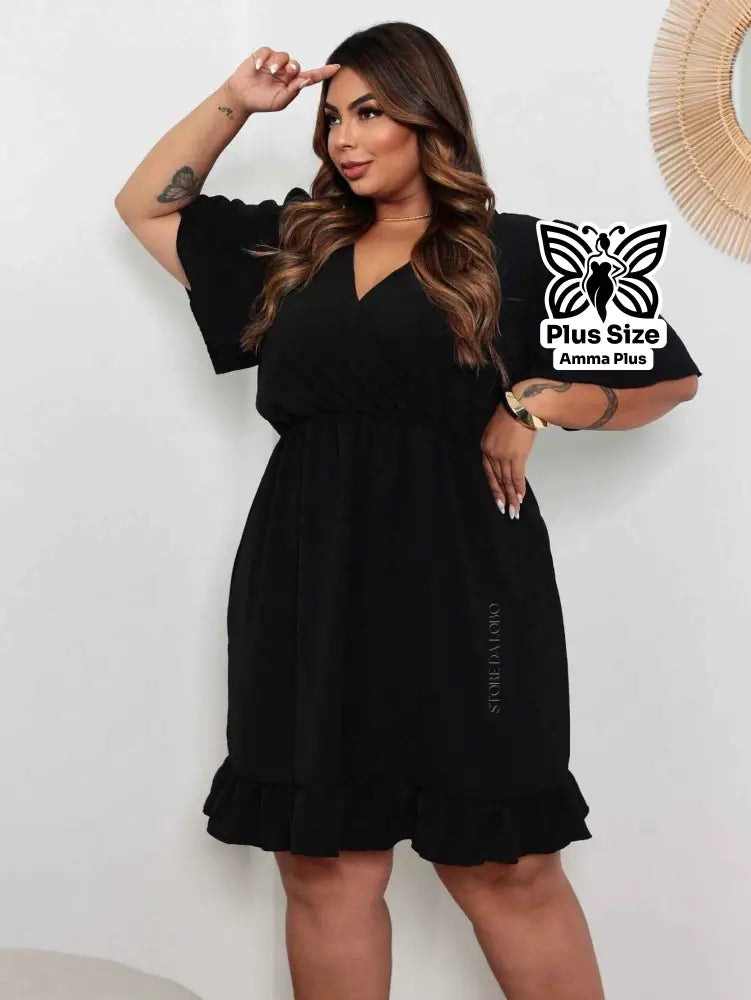 Vestido Curto Transpassado Com Babado Plus Size