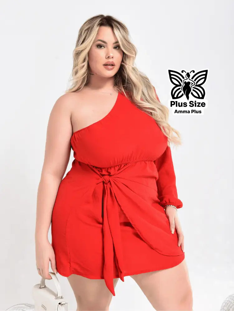 Vestido Curto Um Ombro Só Com Amarração Lateral Plus Size - Amma Plus