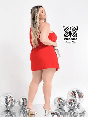 Vestido Curto Um Ombro Só Com Amarração Lateral Plus Size - Amma Plus