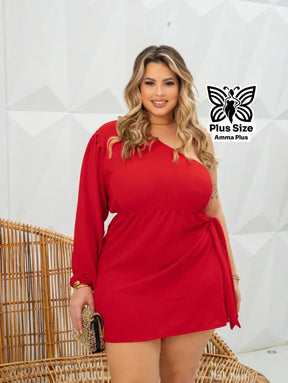 Vestido Curto Um Ombro Só Com Amarração Lateral Plus Size - Amma Plus