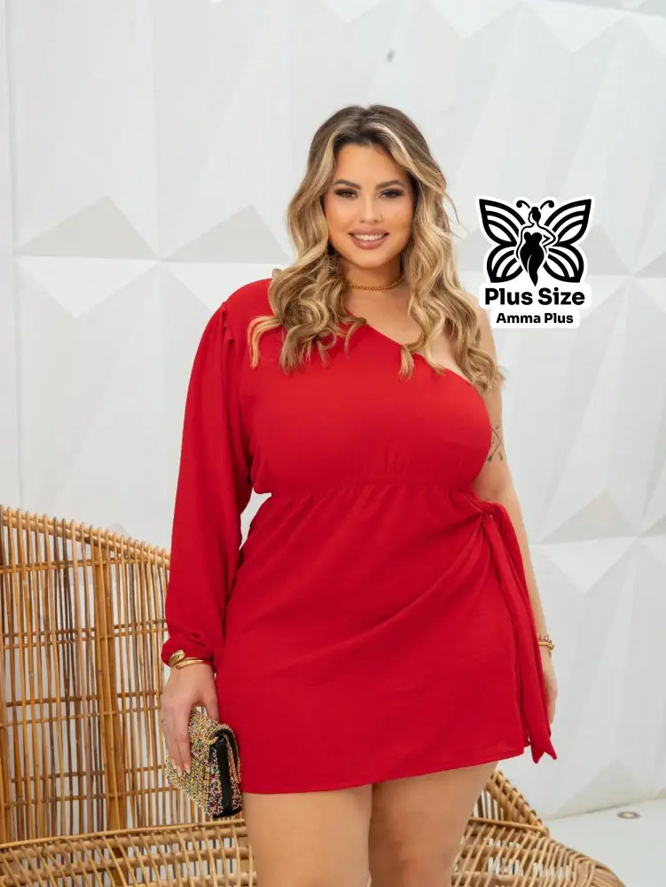 Vestido Curto Um Ombro Só Com Amarração Lateral Plus Size - Amma Plus