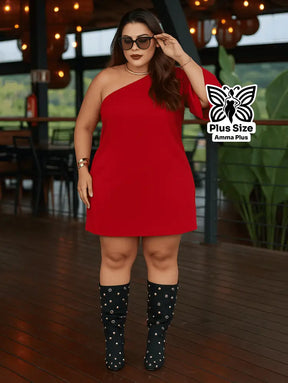 Vestido Curto Um Ombro Só Manga Flare Plus Size