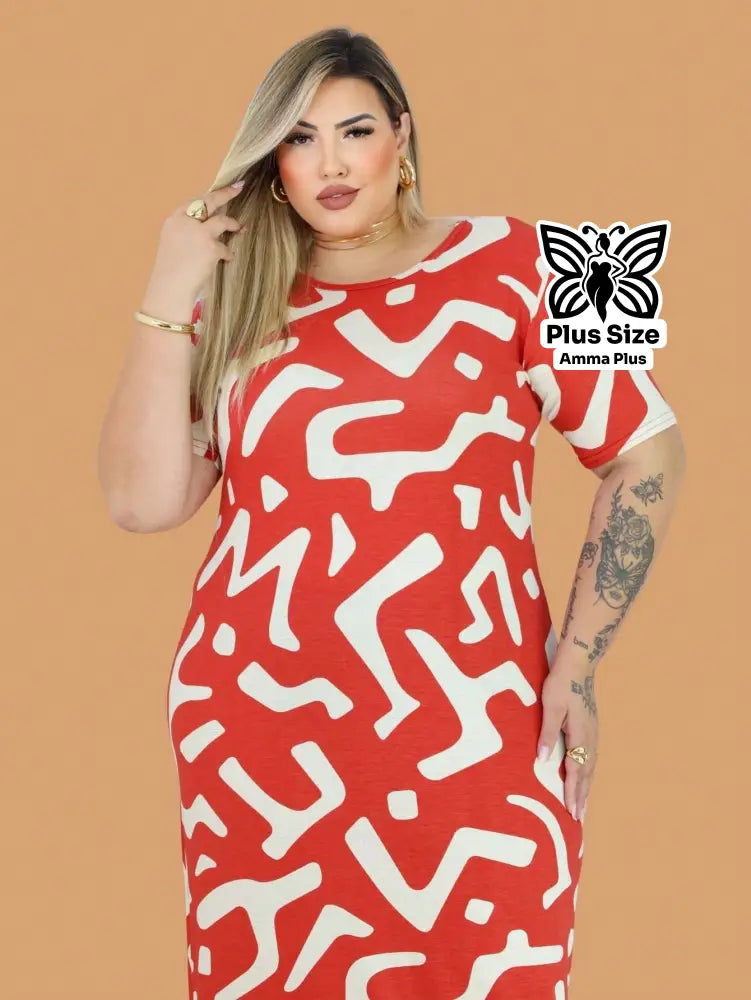 Vestido Longo Estampado Com Fenda Lateral Plus Size - Amma Plus