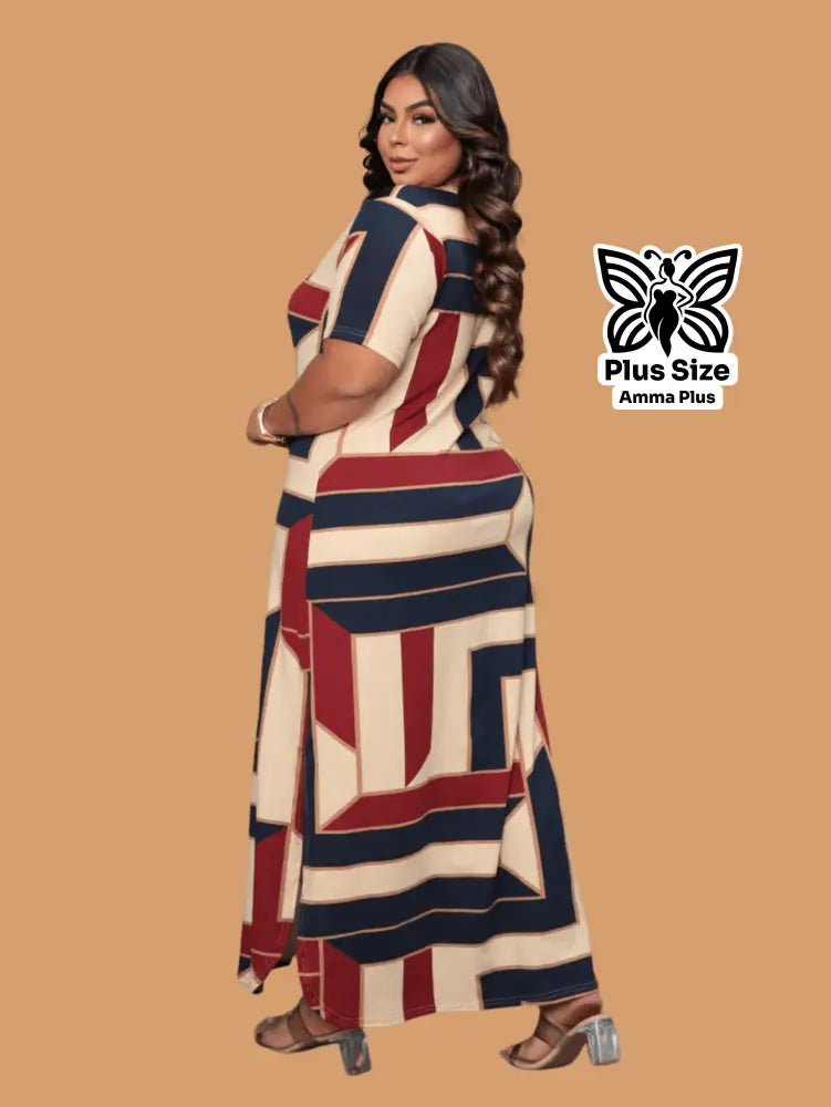 Vestido Longo Estampado Com Fenda Lateral Plus Size - Amma Plus