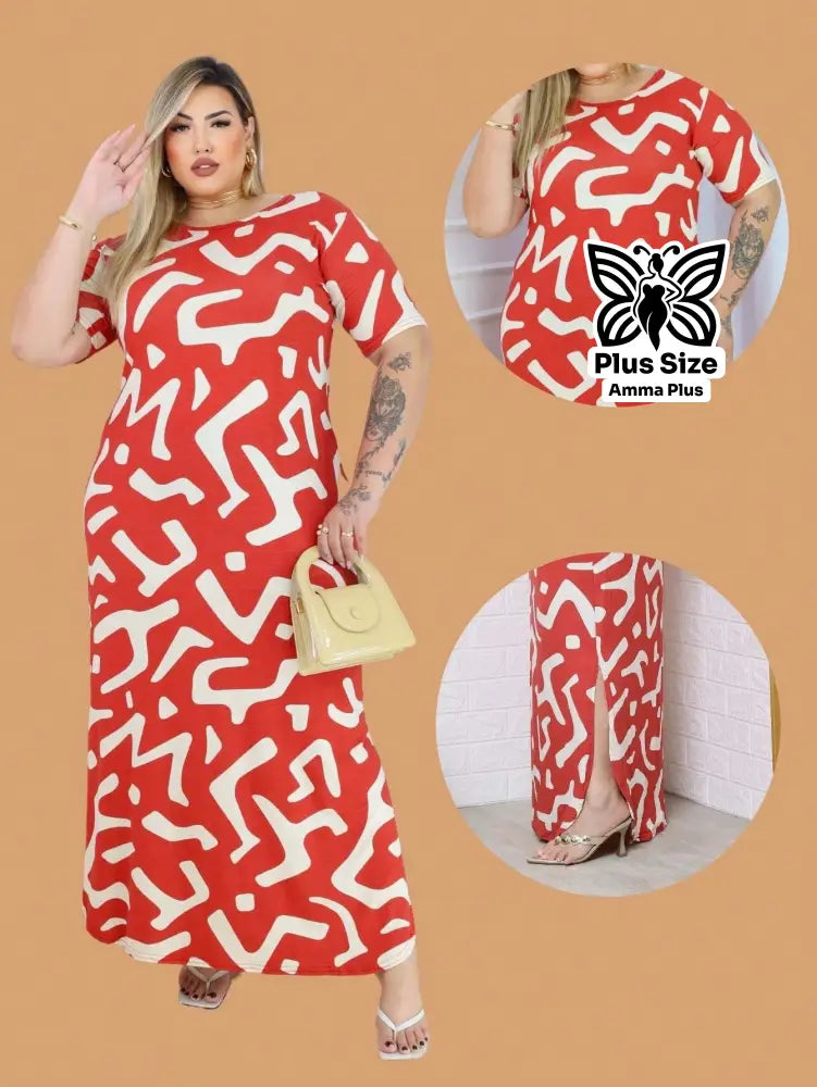 Vestido Longo Estampado Com Fenda Lateral Plus Size - Amma Plus