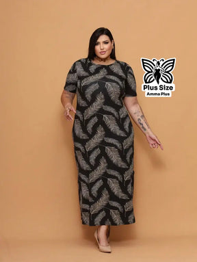 Vestido Longo Estampado Com Fenda Lateral Plus Size - Amma Plus