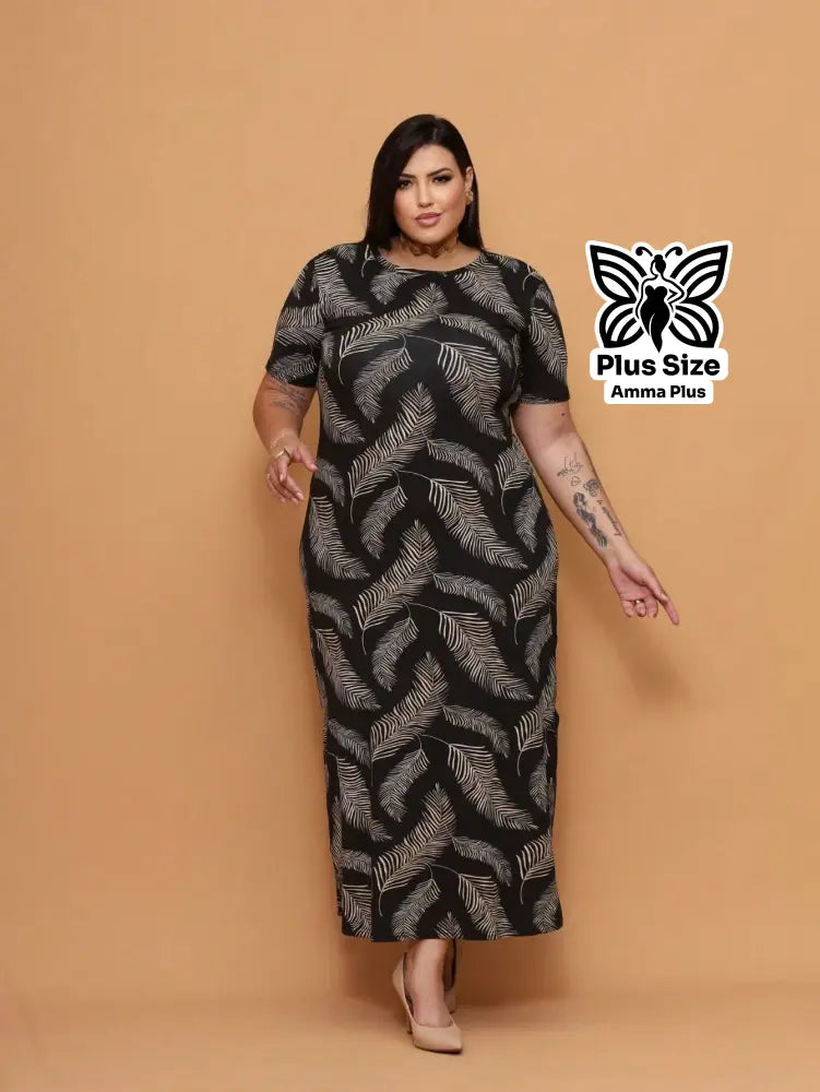 Vestido Longo Estampado Com Fenda Lateral Plus Size - Amma Plus