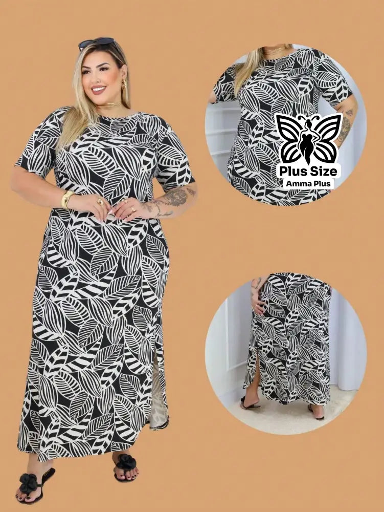 Vestido Longo Estampado Com Fenda Lateral Plus Size - Amma Plus