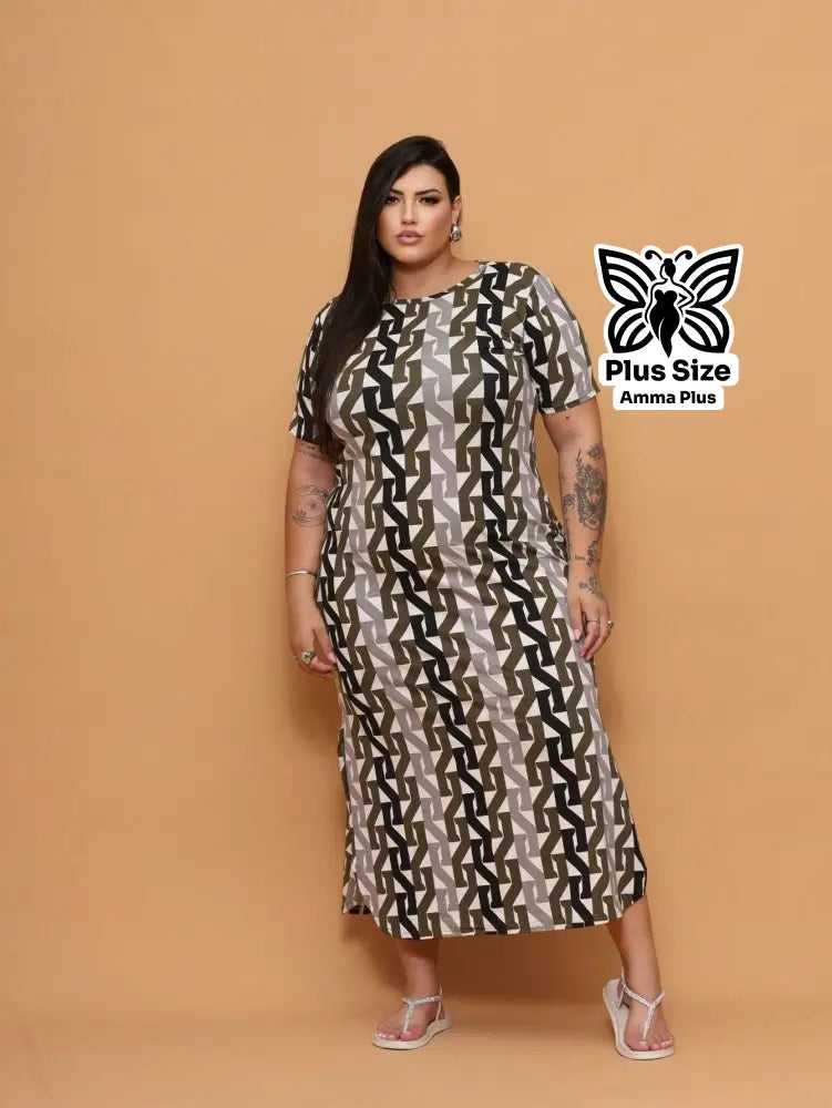 Vestido Longo Estampado Com Fenda Lateral Plus Size - Amma Plus