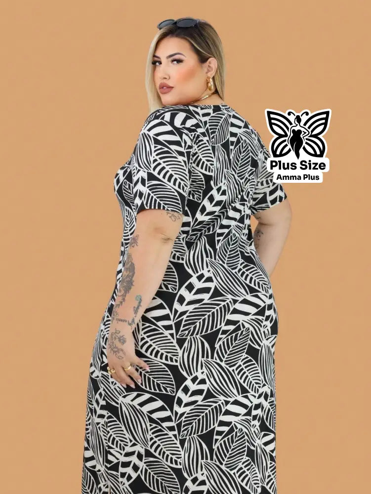 Vestido Longo Estampado Com Fenda Lateral Plus Size - Amma Plus